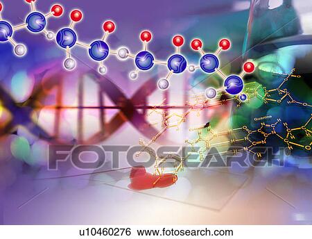 Stock Illustration - DNA strands superimposed on a glowing background. Fotosearch