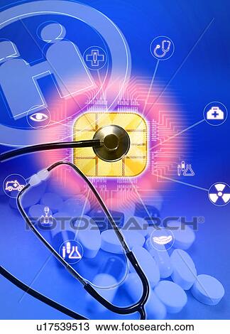 Drawing - Stethoscope and tablets superimposed on a blue background. Fotosearch