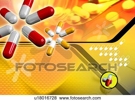 Capsules superimposed on an orange background View Large Illustration Stock Illustration - Capsules superimposed on an orange background. Fotosearch