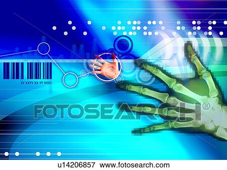 X-ray of the human hand superimposed on a blue background View Large Illustration Stock Illustration - X-ray of the human hand superimposed on a blue background. Fotosearch