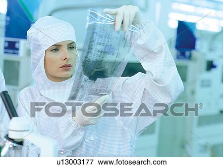 Female researcher studying transparent sheet View Large Photo Image Stock Photo - Female researcher studying transparent sheet. Fotosearch
