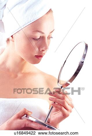 bathrobes, holding, mirror, towel View Large Photo Image Stock Image - bathrobes, holding, mirror, towel. Fotosearch