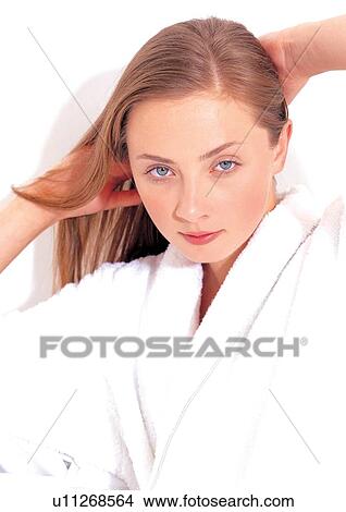bathrobes, looking at camera, portrait, long hair View Large Photo Image Picture - bathrobes, looking at camera, portrait, long hair. Fotosearch
