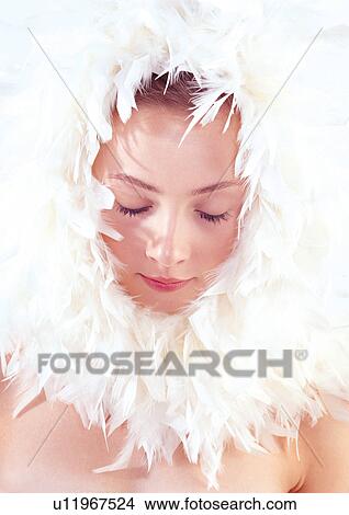 Picture - close-up, young woman, one person, young adult, white background. Fotosearch