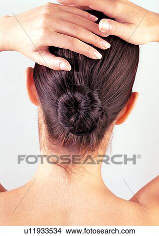 Picture - human face, rear view, beautiful, relaxing, human hair. Fotosearch