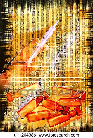 Stock Photography - Close-up of vials superimposed on a hand holding a syringe. Fotosearch
