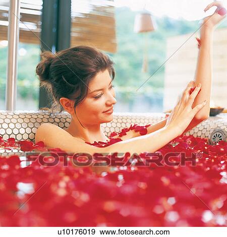 Bathroom, Bathtub, Blinds, Brown Hair, Cheerful View Large Photo Image Stock Photo - Bathroom, Bathtub, Blinds, Brown Hair, Cheerful. Fotosearch