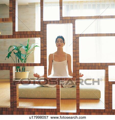 Stock Photo - One Person, Glass, Yoga, Green, Medium-Length Hair, Potted Plant. Fotosearch