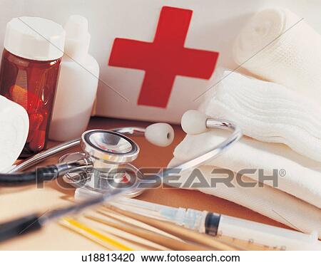 Stock Image - medical equipment, stethoscope, syringe. Fotosearch