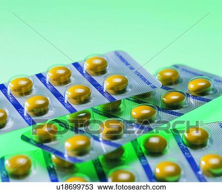 Stock Image - Close-Up, Colored Background, Indoor, Medication. Fotosearch