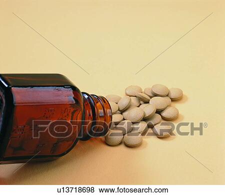 Stock Photo - Colored Background, Healthcare And Medicine, Pill, Medical Supplies, Open, Pill Bottle. Fotosearch