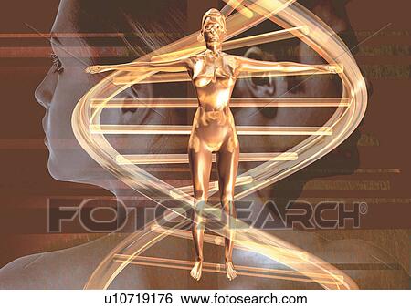 Stock Photograph - Gold body in front of the DNA helix . Fotosearch