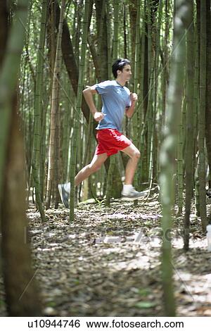 Stock Photograph - Young man running in forest. Fotosearch