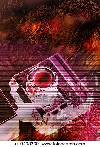 Stock Image - Close-up of a camera superimposed on a red background. Fotosearch