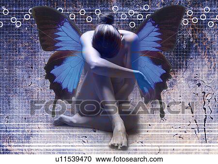 Stock Image - Close-up of a woman with butterfly wings superimposed on a pattern. Fotosearch