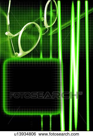 Stock Photograph - Close-up of eyeglasses superimposed on a neon background. Fotosearch