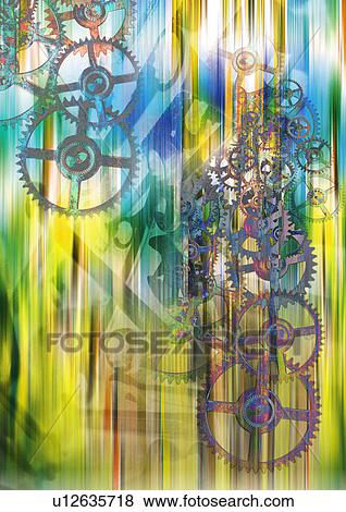Stock Photo - Close-up of gear wheels superimposed on a multi colored pattern. Fotosearch