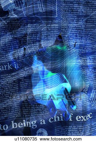Stock Photography - Close-up of newspaper cuttings superimposed on a black background. Fotosearch