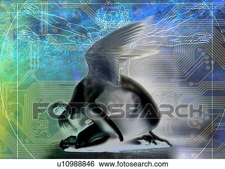 Stock Photograph - Side profile of an angel superimposed on a circuit board. Fotosearch