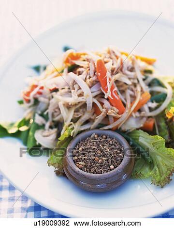 Stock Image -  a Herb Salad On a White Plate, High Angle View, Differential Focus. Fotosearch