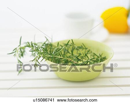 Stock Image - Rosemary In a Little Bowl, High Angle View, Differential Focus. Fotosearch