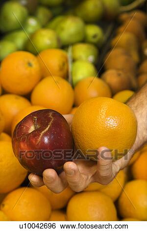 Stock Photograph - Close-up of Caucasian male hand holding apple and orange.. Fotosearch
