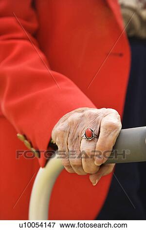 Stock Photo - Close-up of elderly Caucasian woman's hand on walker.. Fotosearch