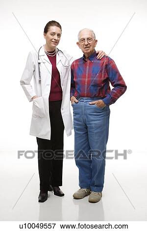 Mid-adult Caucasian female doctor with arm around elderly Caucasian male's shoulder. View Large Photo Image Stock Photo - Mid-adult Caucasian female doctor with arm around elderly Caucasian male's shoulder.. Fotosearch