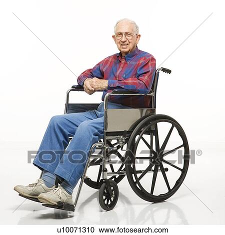Stock Image - Portrait of Caucasion elderly man sitting in wheelchair smiling at viewer.. Fotosearch
