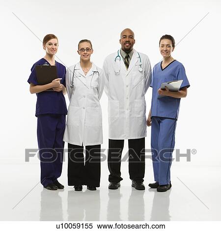 Stock Image - Full-length portrait of African-American man and Caucasian women medical healthcare workers smiling in uniforms standing against white background.. Fotosearch - Search Stock Photos, Mural Pictures, Photographs, and Photo Clipart