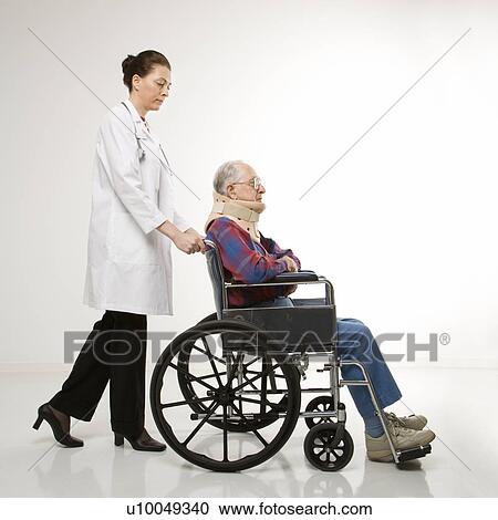 Mid-adult Caucasian female doctor pushing elderly Caucasian male with neck brace in wheelchair. View Large Photo Image Stock Image - Mid-adult Caucasian female doctor pushing elderly Caucasian male with neck brace in wheelchair.. Fotosearch