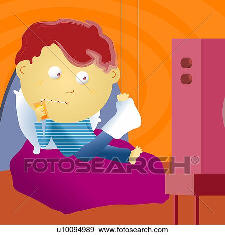 Boy lying on the bed with his leg in a cast and watching television View Large Illustration Stock Illustration - Boy lying on the bed with his leg in a cast and watching television. Fotosearch