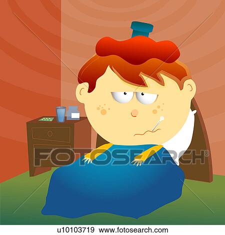 Stock Illustration - Close-up of a boy lying on the bed with an ice pack on his head. Fotosearch