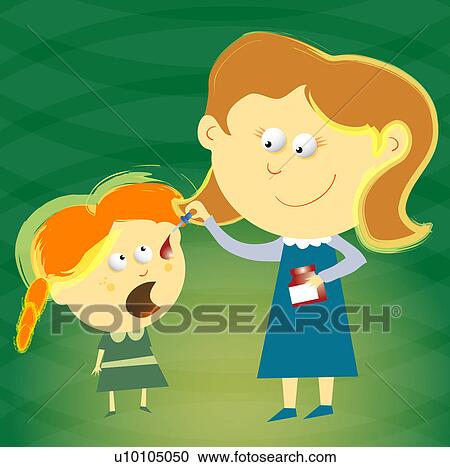 Clipart - Close-up of a young woman putting eye drops into her daughter's eyes. Fotosearch