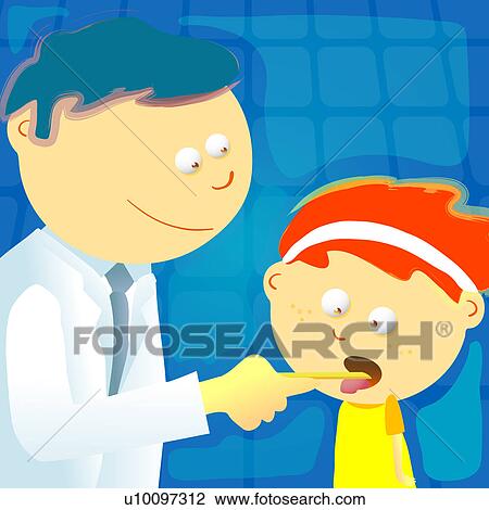 Drawing - Male doctor examining a patient with a tongue depressor. Fotosearch