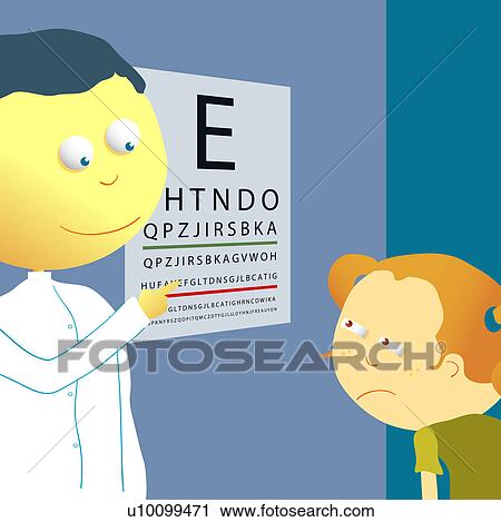 Clip Art - Male optician checking a girl's eye sight with an eye chart. Fotosearch