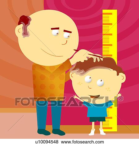 Stock Illustration - Mature man measuring a boy's height against a height chart. Fotosearch