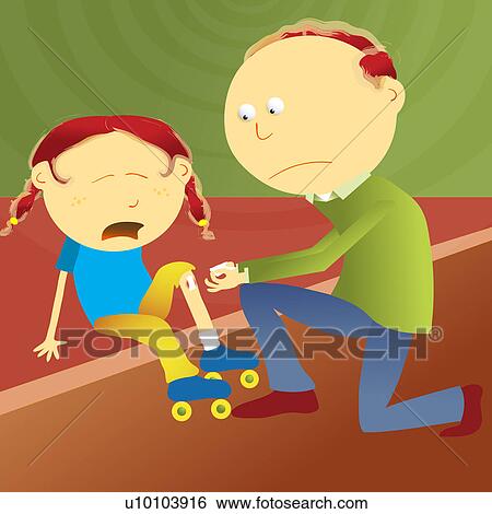 Stock Illustration - Mid adult man putting a bandage on his daughter's knee. Fotosearch