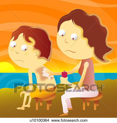 Stock Illustration - Mid adult woman applying suntan lotion on her son's back. Fotosearch