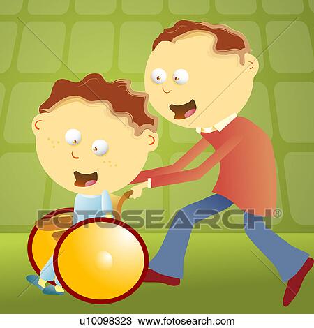 Side profile of a mid adult man pushing his son on a wheelchair View Large Illustration Drawing - Side profile of a mid adult man pushing his son on a wheelchair. Fotosearch