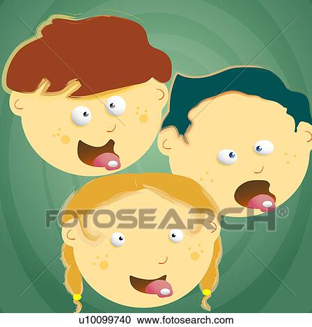 Clipart - Two boys and a girl sticking their tongue out. Fotosearch