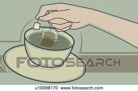 Close-up of a human hand dipping teabag in a tea cup View Large Illustration Clipart - Close-up of a human hand dipping teabag in a tea cup. Fotosearch