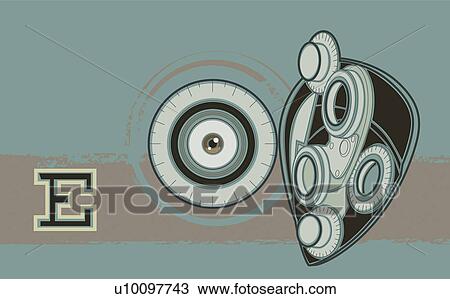 Close-up of an optical instrument with a human eye and the letter e on an eye chart View Large Illustration Drawing - Close-up of an optical instrument with a human eye and the letter e on an eye chart. Fotosearch