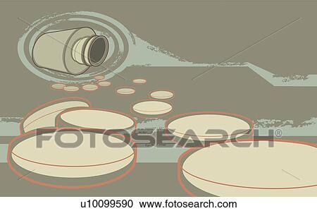 Clipart - Close-up of pills and a pill bottle. Fotosearch
