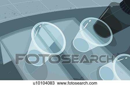 Drawing - High angle view of three disposable cups with a bottle. Fotosearch