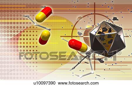 Close-up of a damaged satellite and capsules flying in space View Large Illustration Clipart - Close-up of a damaged satellite and capsules flying in space. Fotosearch