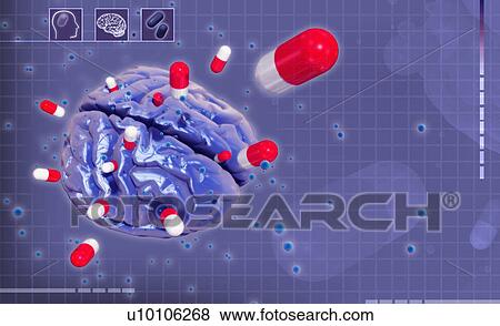 Stock Illustration - Close-up of a human brain and flying capsules. Fotosearch