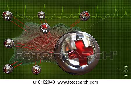 Clipart - Close-up of metal spheres with red crosses an electrocardiogram screen behind. Fotosearch
