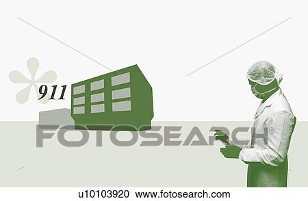 Clipart - Side profile of a surgeon beside a diagram of a building. Fotosearch