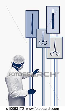 Drawing - Side profile of a surgeon standing beside diagrams of surgical equipment. Fotosearch